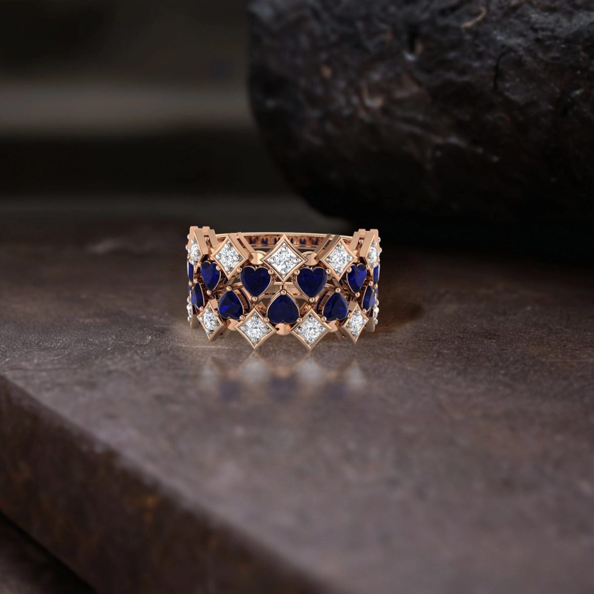 Diamond and Hearts Interplay Ring