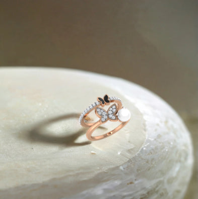 Butterfly and Pearl Diamond Ring